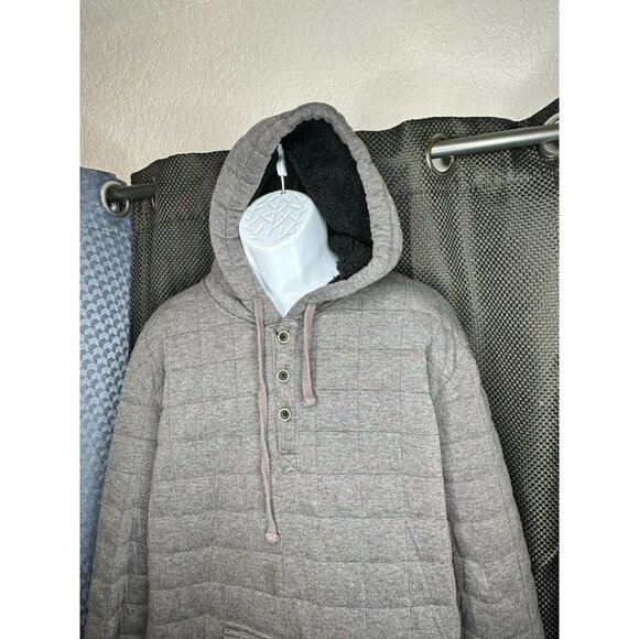 Quilted Gray Hooded Pullover Sweatshirt With Kangaroo Pocket‎ & Button Closure - Picture 5 of 16